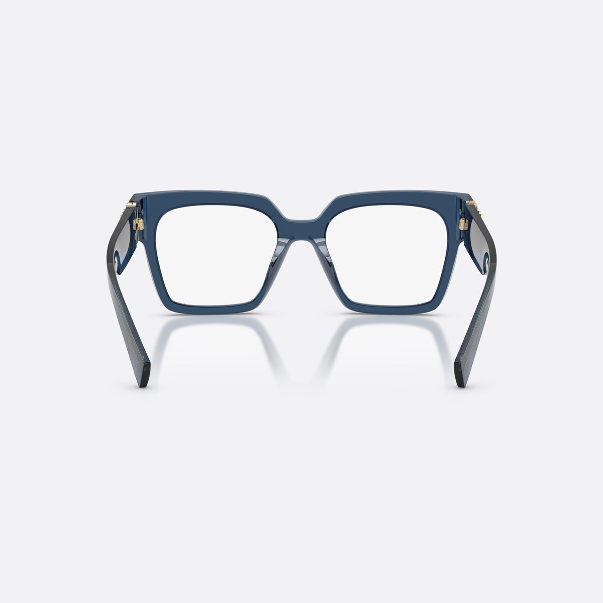 Miu Miu MU 04UV 08Q1O1 eyeglasses, blue square frame for women, plain bridge, integrated into front, wide tapered temples, back view