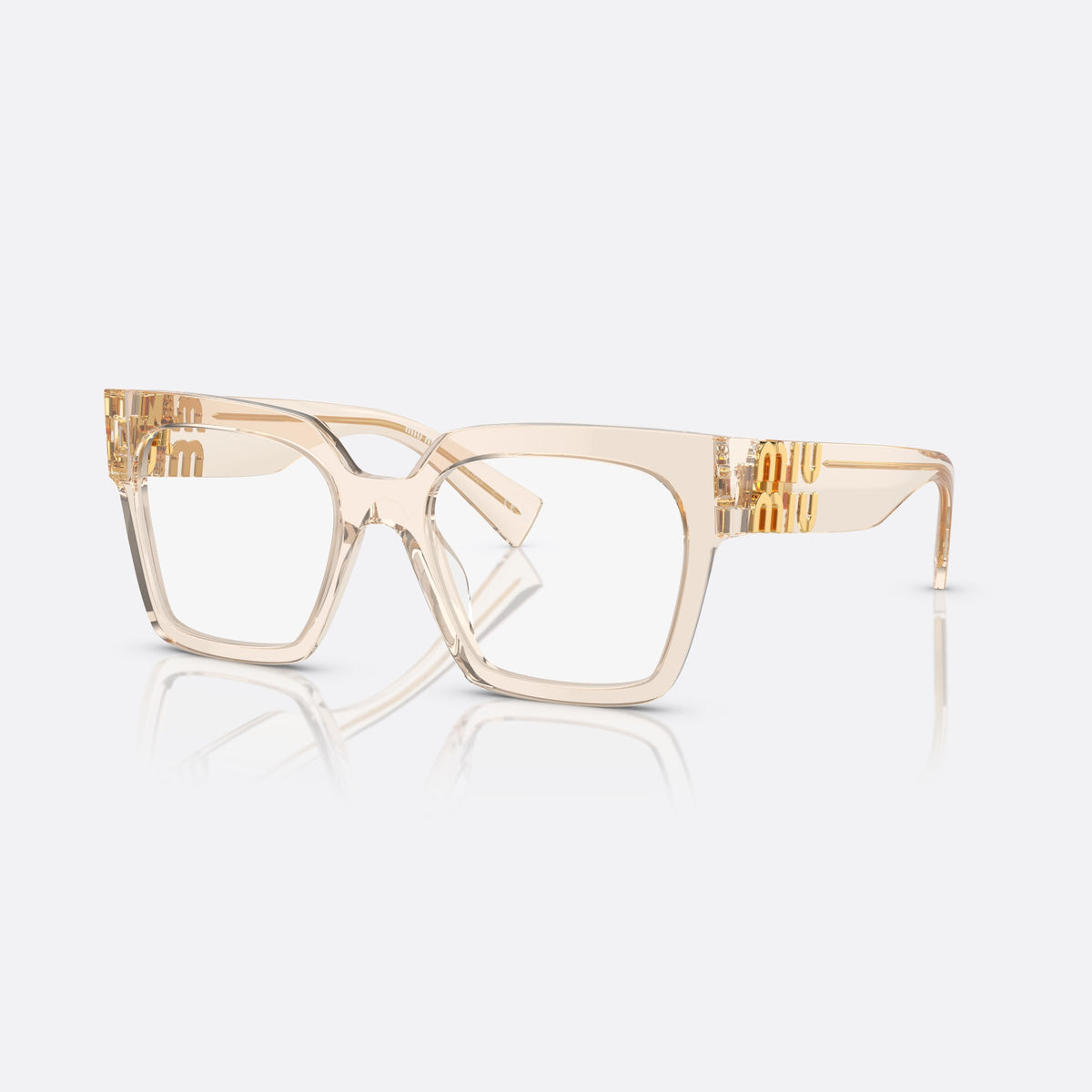 Miu Miu MU 04UV 11T1O1 eyeglasses, clear squared frame for women, plain integrated bridge, brand lettering on temples