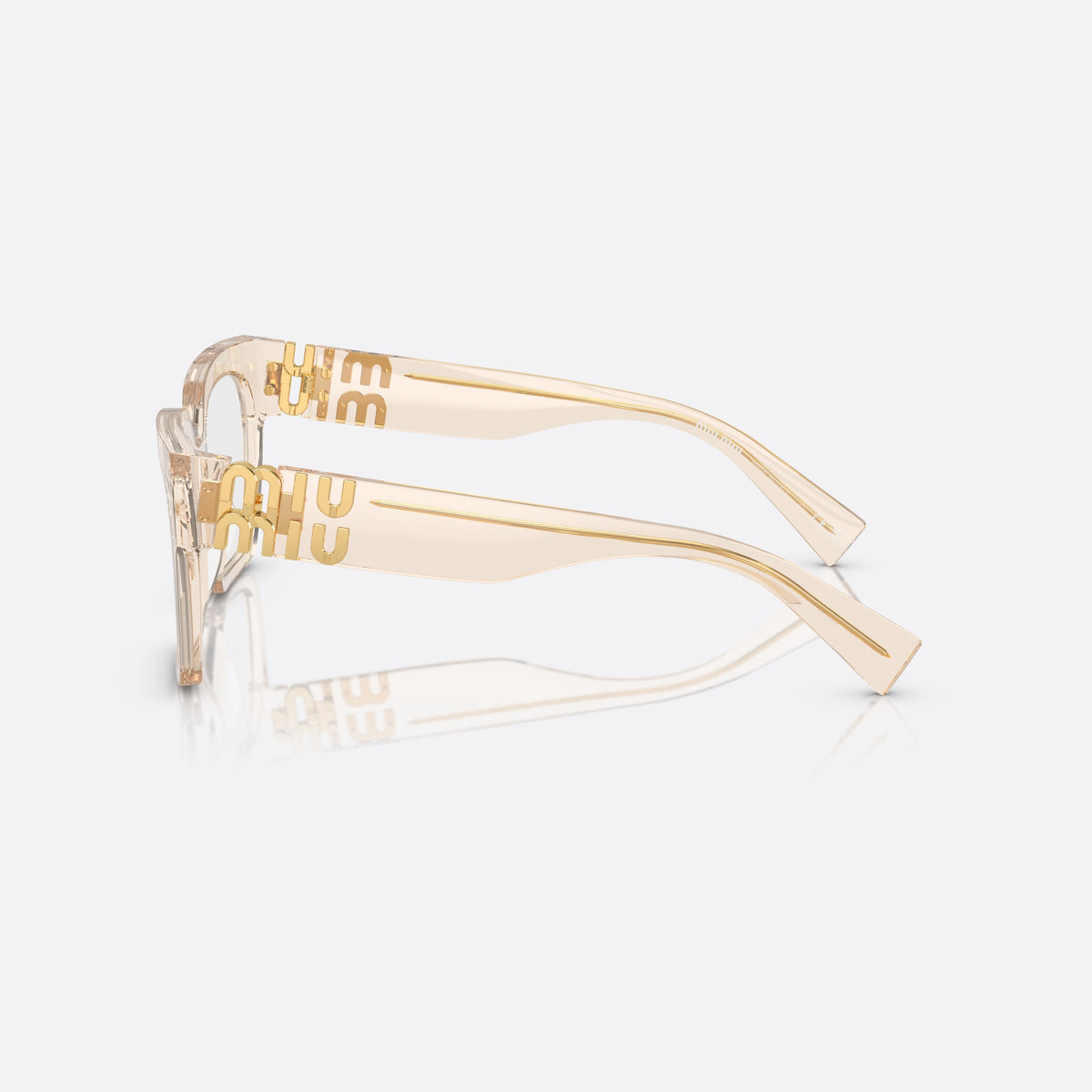 Miu Miu MU 04UV 11T1O1 eyeglasses, clear squared frame for women, plain integrated bridge, brand lettering on temples, side view