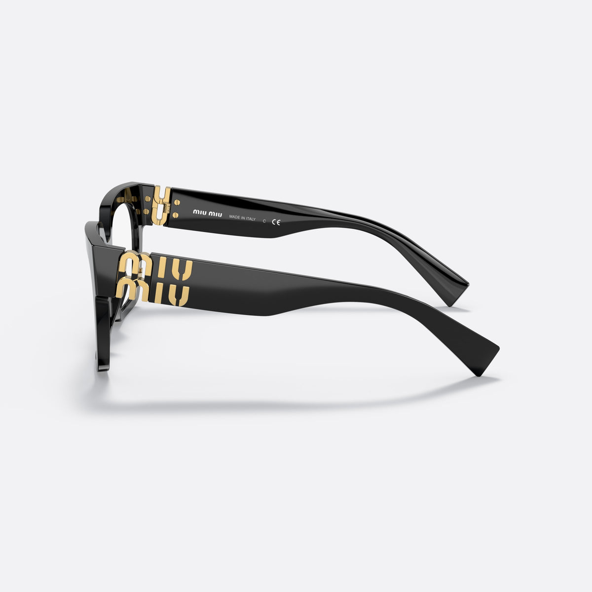 Miu Miu MU 04UV 1AB-1O1 E eyeglasses, black square frame for women, plain bridge, integrated design, brand lettering on temples
