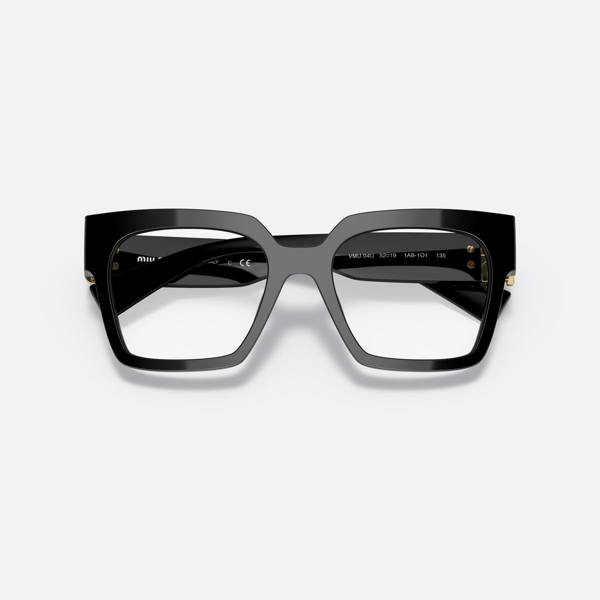 Miu Miu MU 04UV 1AB-1O1 E eyeglasses, black square frame for women, plain bridge, integrated design, brand lettering on temples