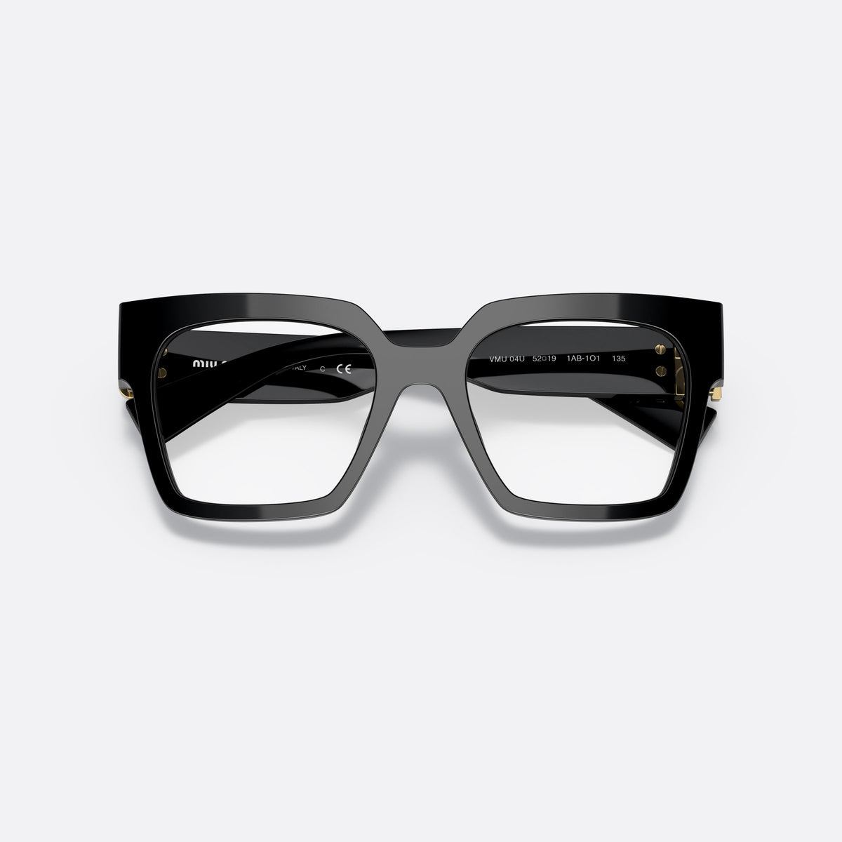 Miu Miu MU 04UV 1AB1O1 eyeglasses, black square frame for women, plain bridge, brand logo on temple, full-rim frame, folded