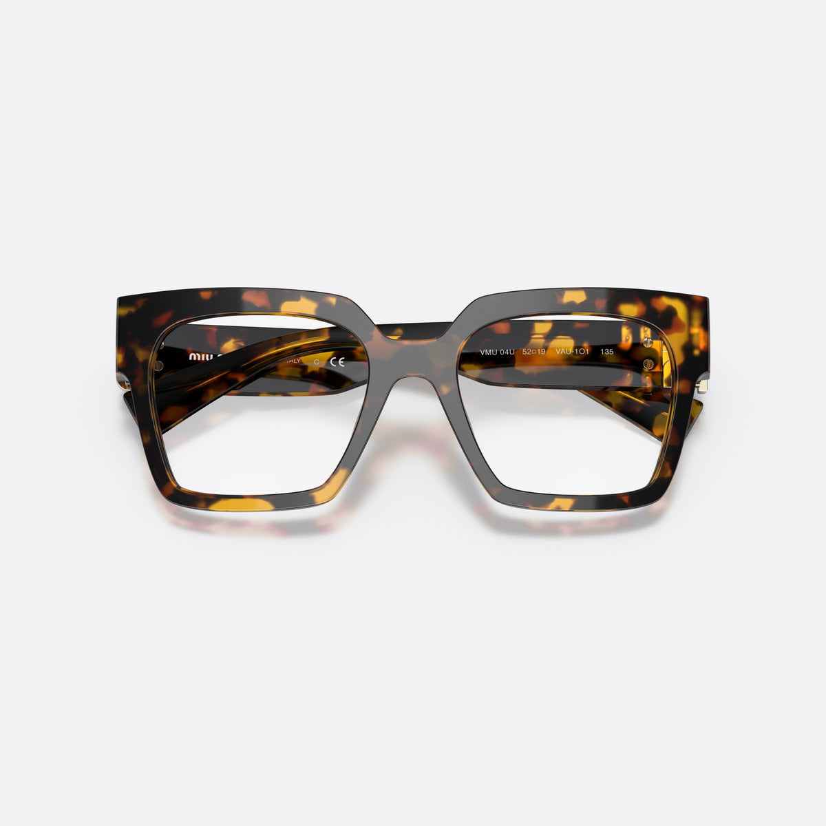 Miu Miu MU 04UV VAU1O1 eyeglasses, havana square frame for women, plain saddle style bridge, brand lettering on temples, folded