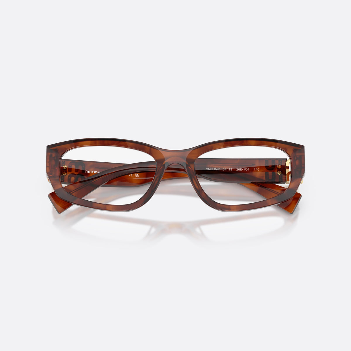 Rame ochelari de vedere Miu Miu MU 04YV 26E1O1, neregulat maro, pentru femei, punte simplă integrată, literele brandului pe braț, cu brațele pliate