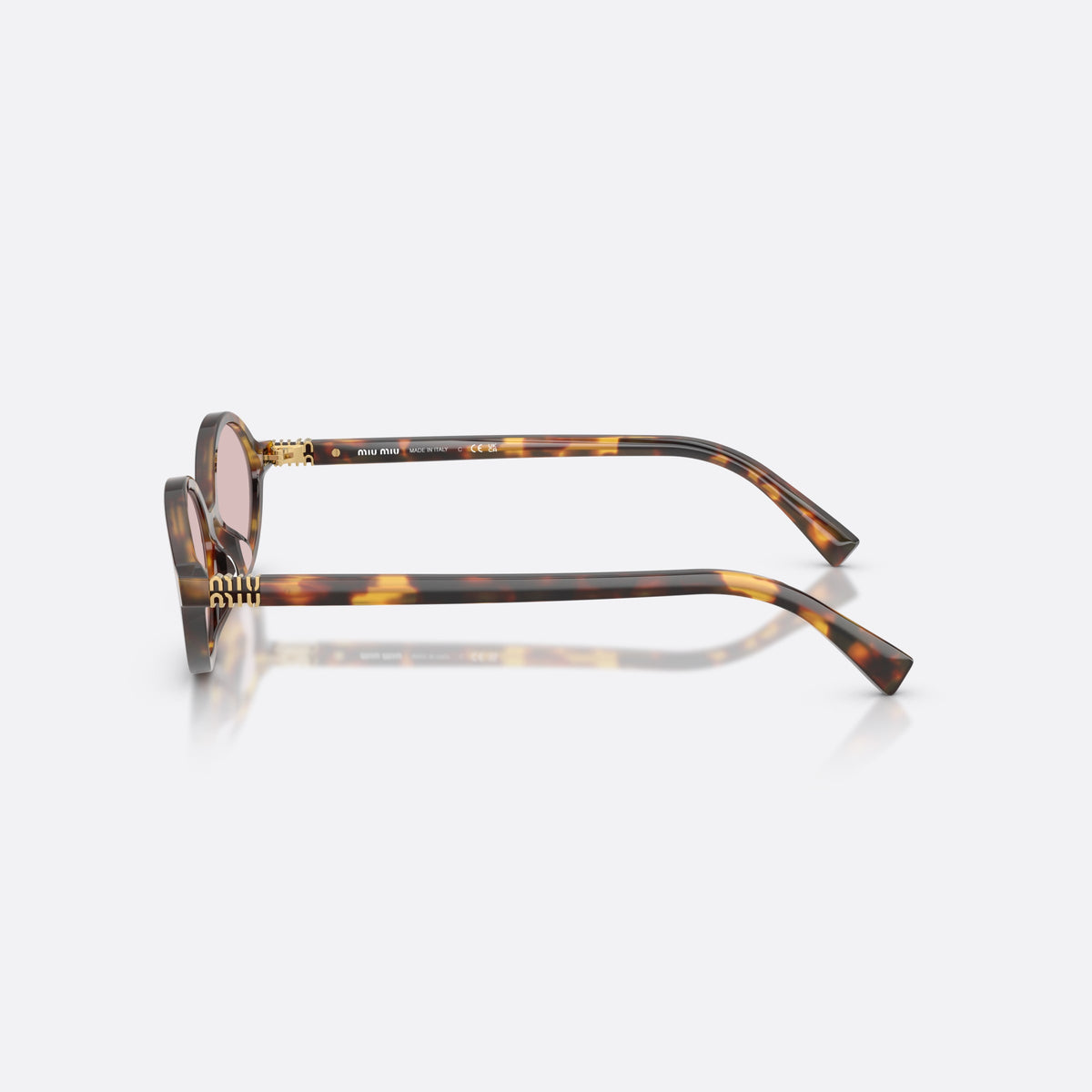 Miu Miu MU 04ZS 14L4I0 sunglasses, havana oval frame for women, keyhole bridge, brand logo plaque on temple, side view