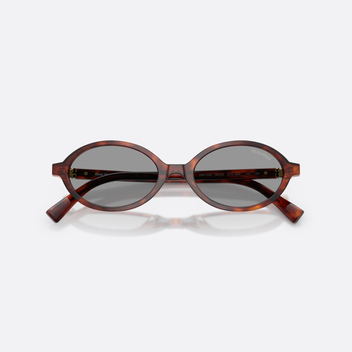 Miu Miu MU 04ZS 21C40O sunglasses, havana oval frame for women, plain integrated bridge, brand logo plaque on temple, folded