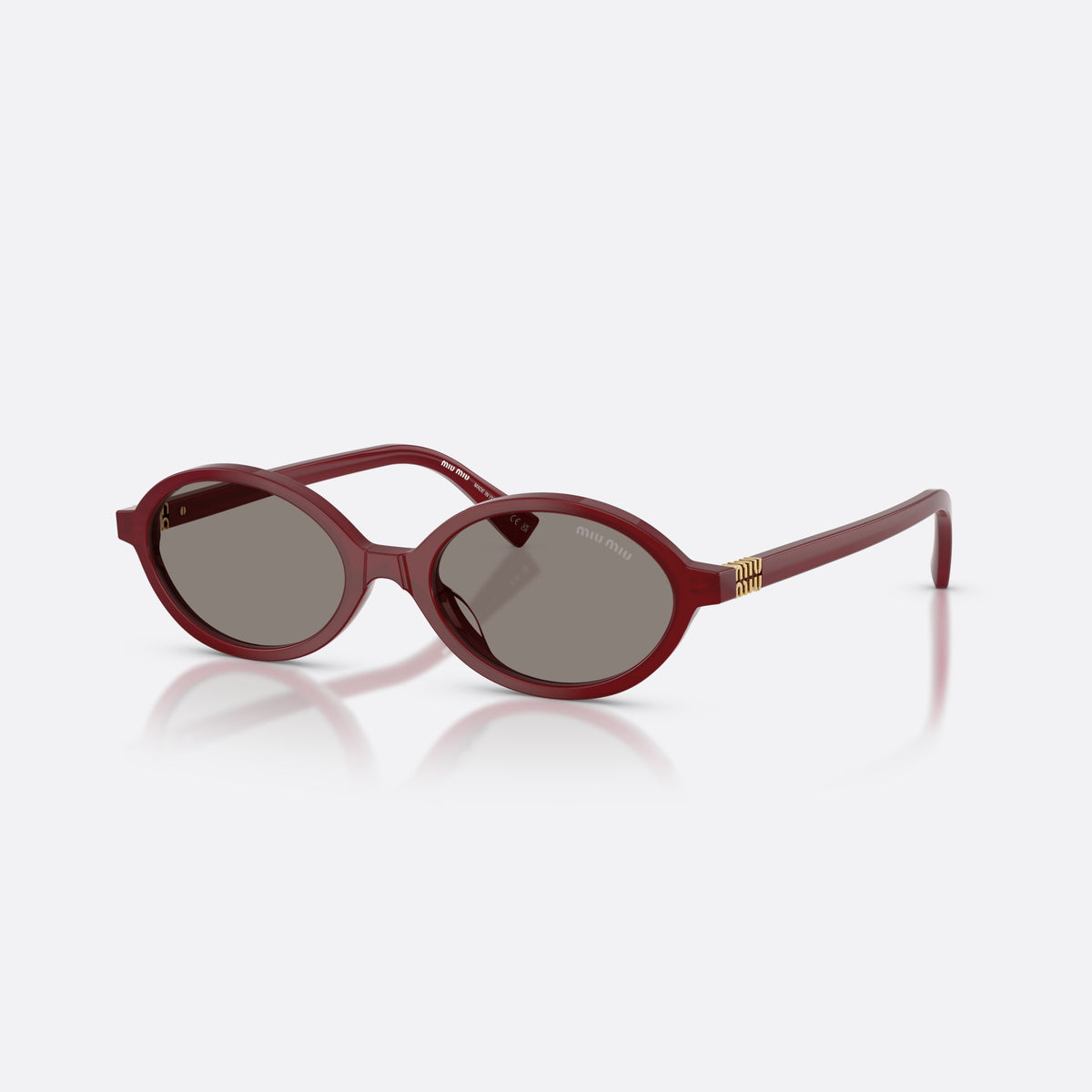 Miu Miu MU 04ZS 21I80Q sunglasses, red oval frame for women, plain bridge, brand lettering on temples, full-rim frame