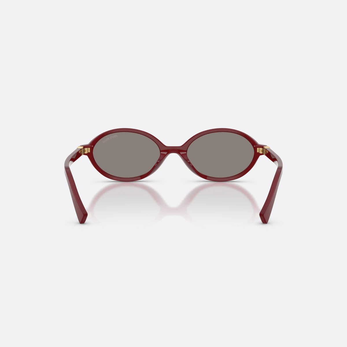 Miu Miu MU 04ZS 21I80Q sunglasses, red oval frame for women, plain bridge, brand lettering on temples, full-rim frame, back view