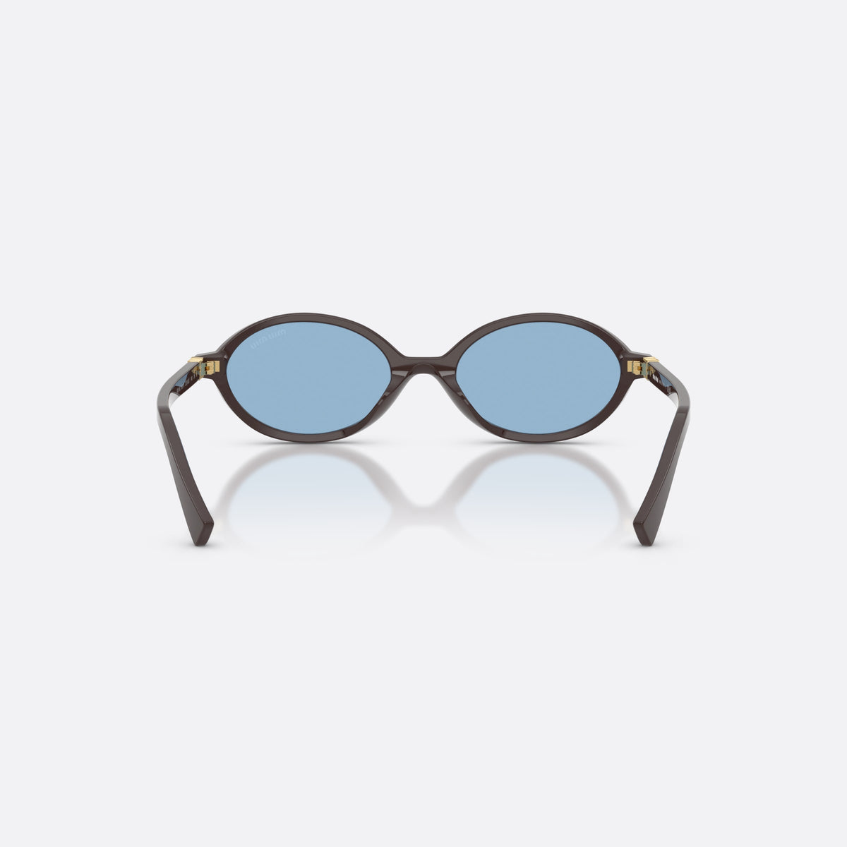 Miu Miu MU 04ZS 22C60O sunglasses, brown oval frame for women, plain integrated bridge, brand lettering on temple, back view