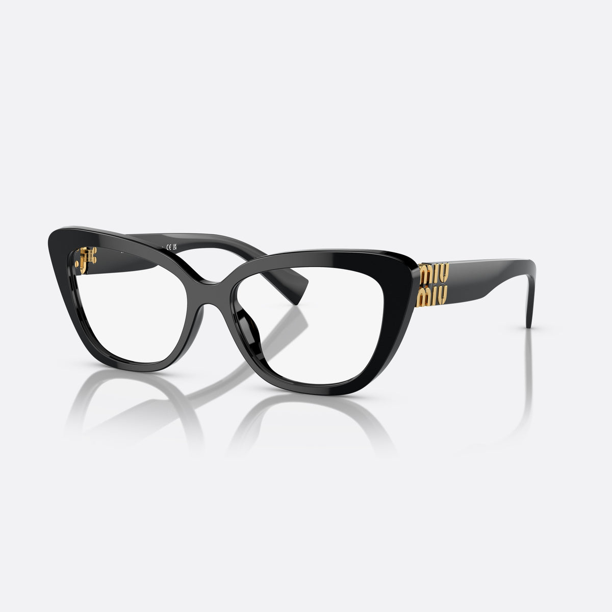 Miu Miu MU 05VV 1AB-1O1 E eyeglasses, black cat eye frame for women, plain bridge, brand lettering on temples, full-rim frame