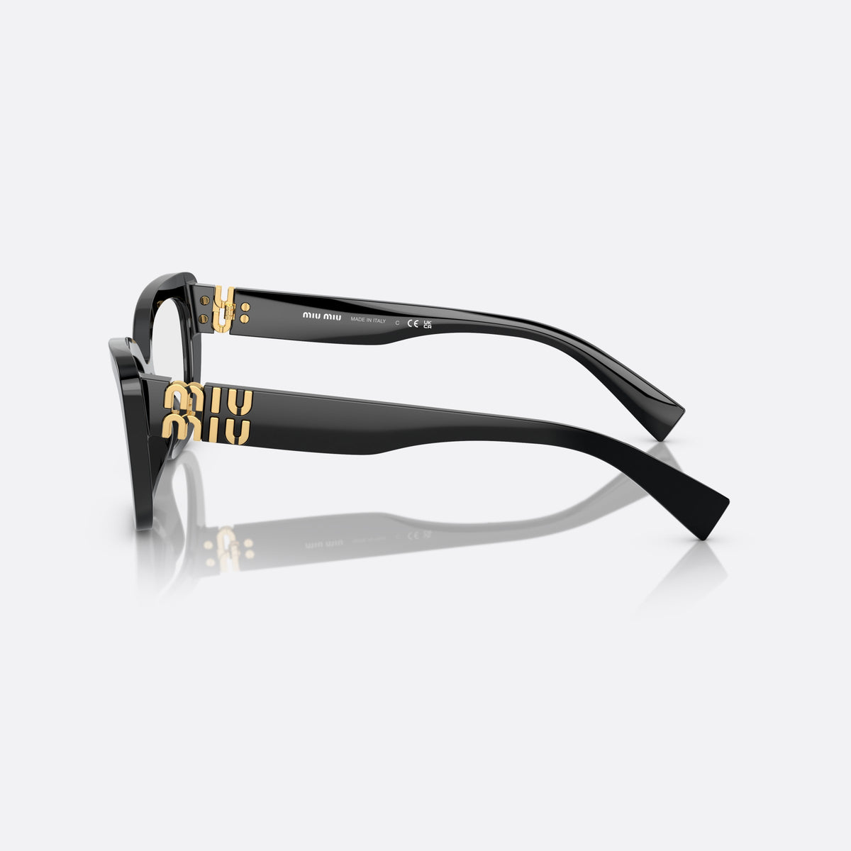 Miu Miu MU 05VV 1AB-1O1 E eyeglasses, black cat eye frame for women, plain bridge, brand lettering on temples, full-rim frame