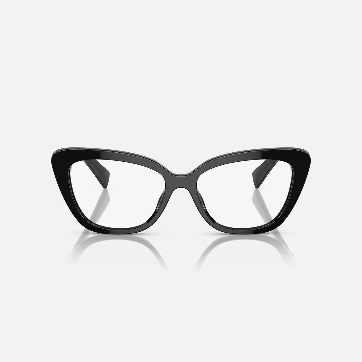 Miu Miu MU 05VV 1AB-1O1 E eyeglasses, black cat eye frame for women, plain bridge, brand lettering on temples, full-rim frame