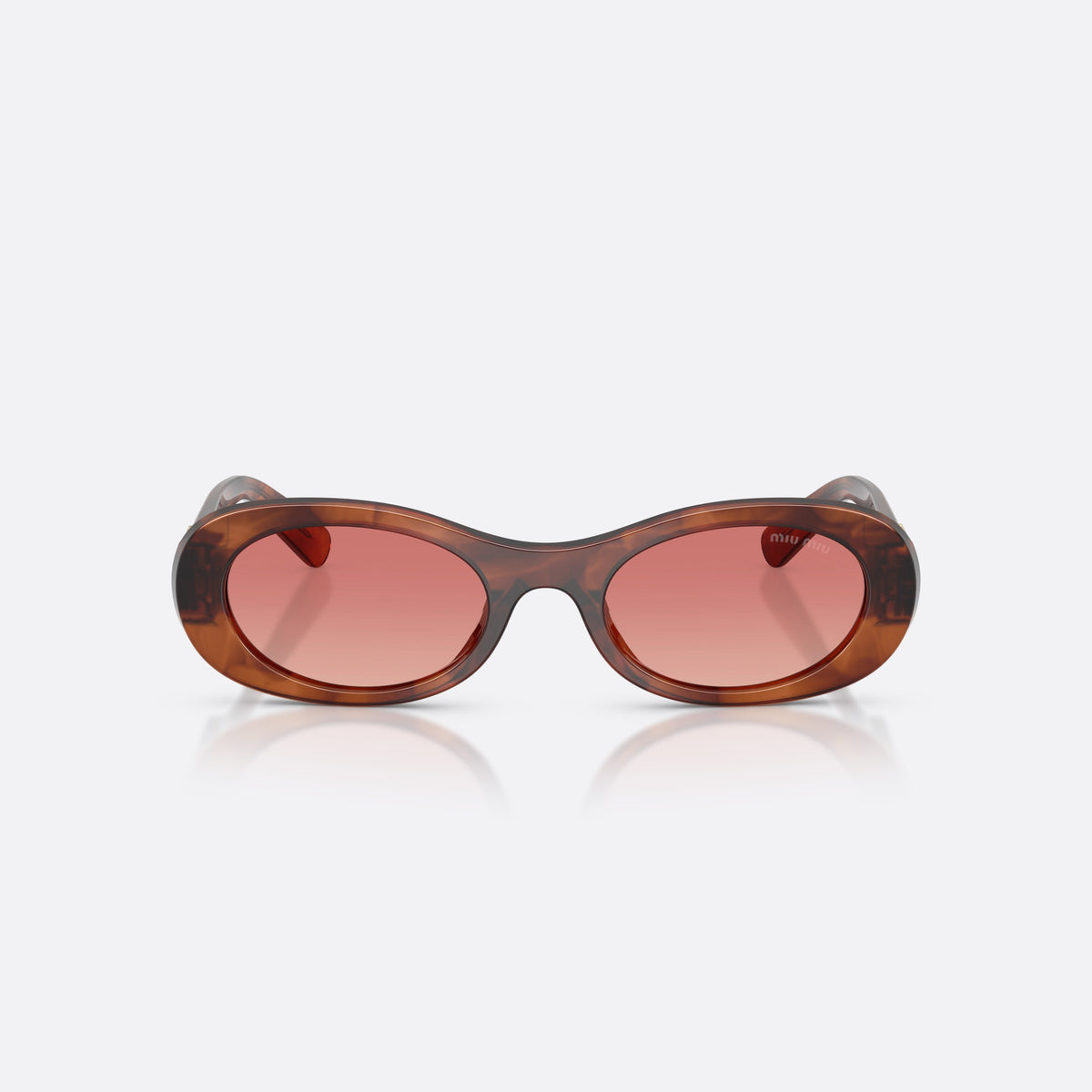 Miu Miu MU 06ZS 26E50U sunglasses, brown oval frame for women, plain bridge, brand lettering on temples, full-rim frame, front view
