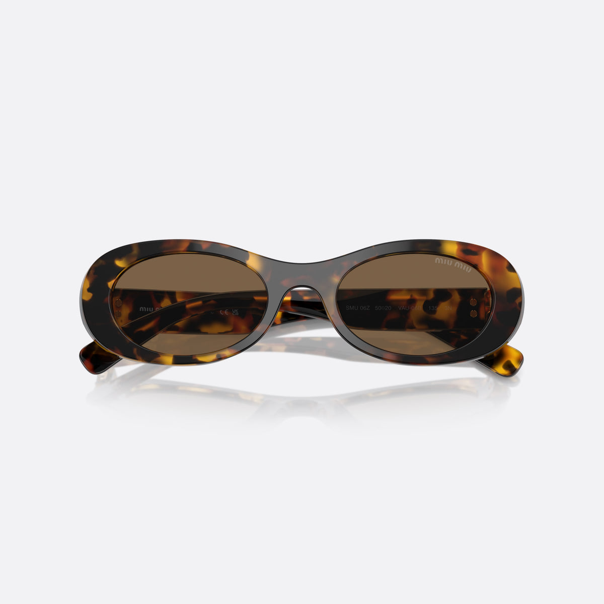 Miu Miu MU 06ZS VAU-06B A sunglasses, havana oval frame for women, plain integrated bridge, brand lettering on temples