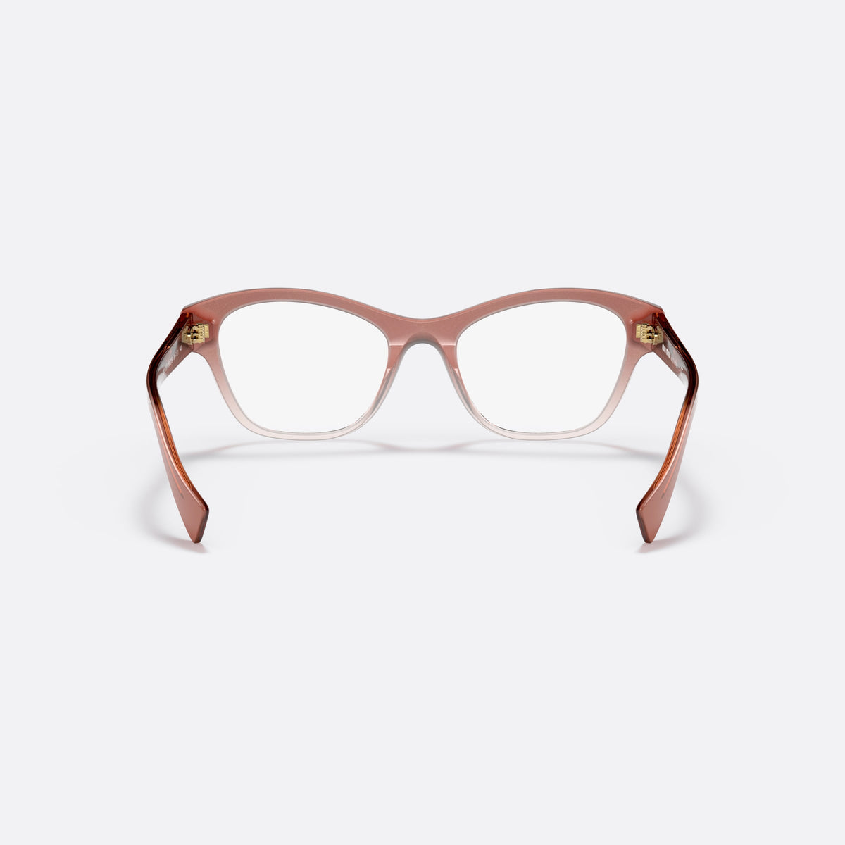 Miu Miu MU 08TV 06T1O1 eyeglasses, brown square frame for women, saddle-style bridge with raised center, slim tapered temples, back view