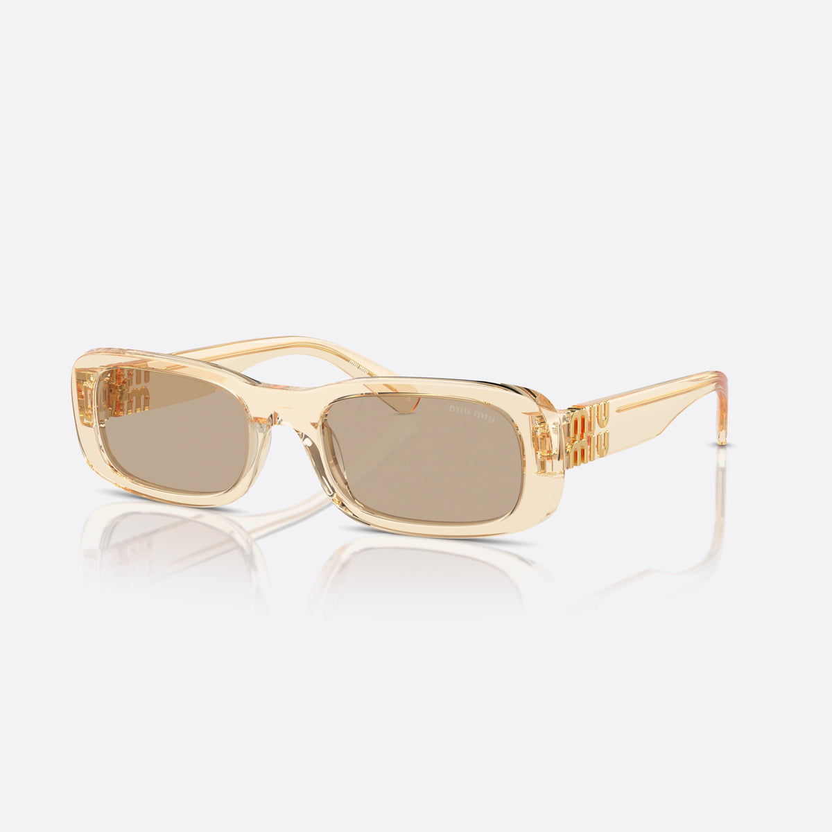 Miu Miu MU 08ZS 11T40F sunglasses, brown rectangle frame for women, keyhole bridge, brand lettering on the temples