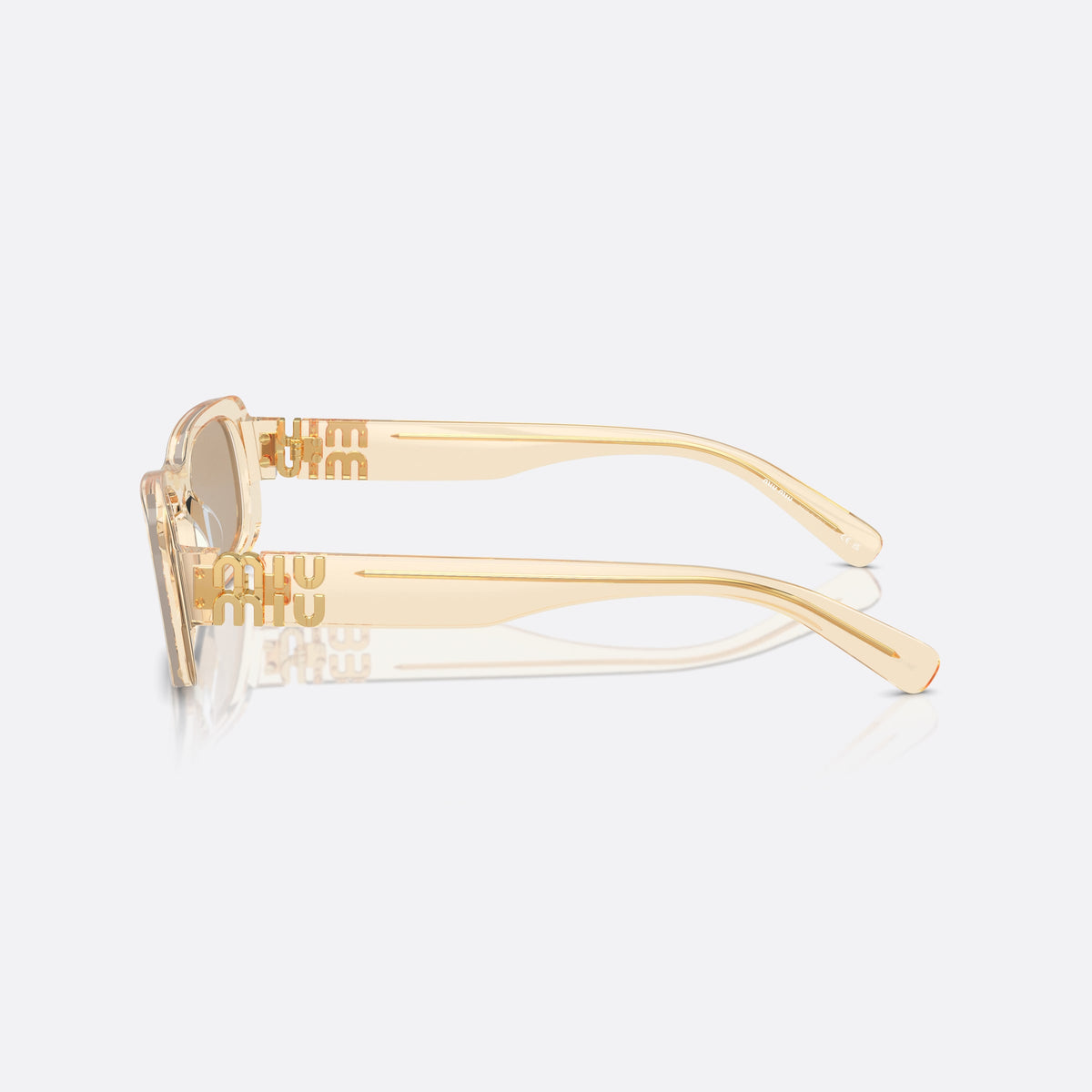 Miu Miu MU 08ZS 11T40F sunglasses, brown rectangle frame for women, keyhole bridge, brand lettering on the temples, side view