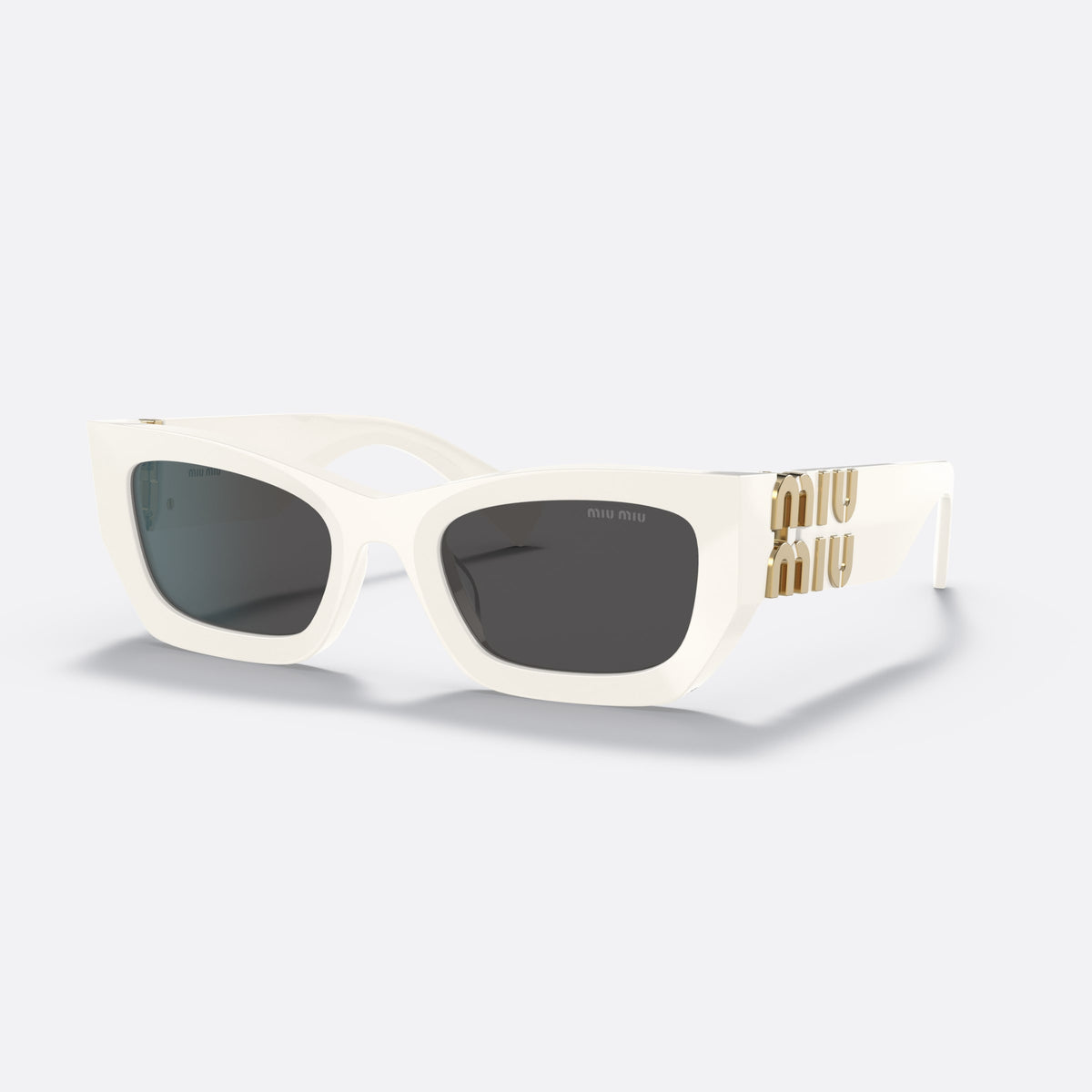 Miu Miu MU 09WS Runway 142-5S0 sunglasses, white rectangle frame for women, plain bridge, brand lettering on temples, wide temples