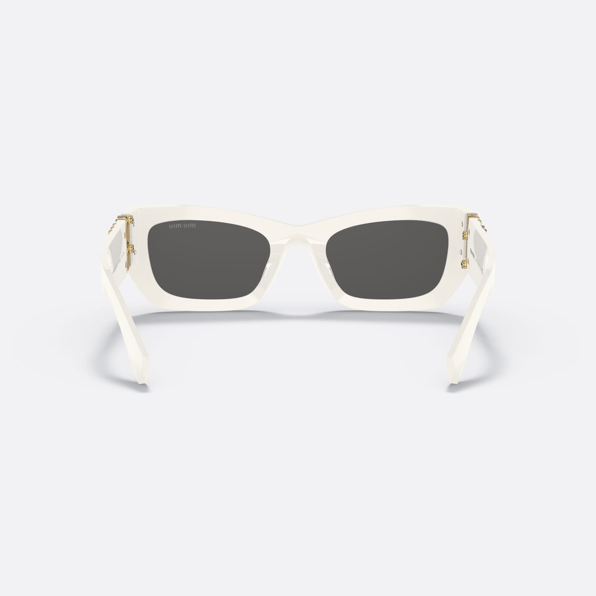 Miu Miu MU 09WS Runway 142-5S0 sunglasses, white rectangle frame for women, plain bridge, brand lettering on temples, wide temples, back view