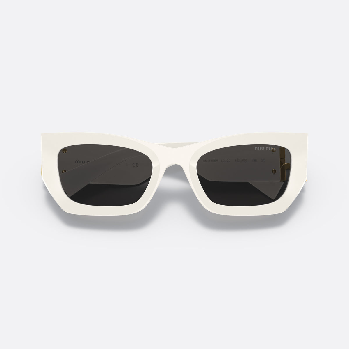 Miu Miu MU 09WS Runway 142-5S0 sunglasses, white rectangle frame for women, plain bridge, brand lettering on temples, wide temples, folded