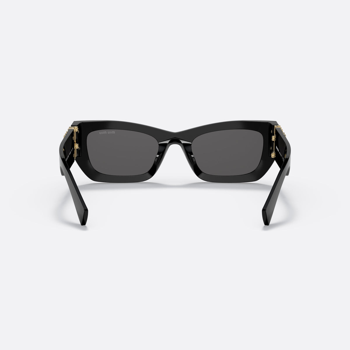 Miu Miu MU 09WS Runway 1AB-5S0 sunglasses, black rectangle frame for women, plain bridge, brand lettering on temples, full-rim frame, back view