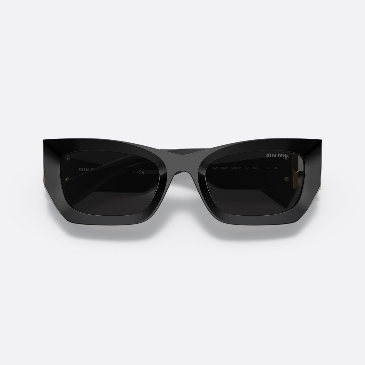 Miu Miu MU 09WS Runway 1AB-5S0 sunglasses, black rectangle frame for women, plain bridge, brand lettering on temples, full-rim frame, folded