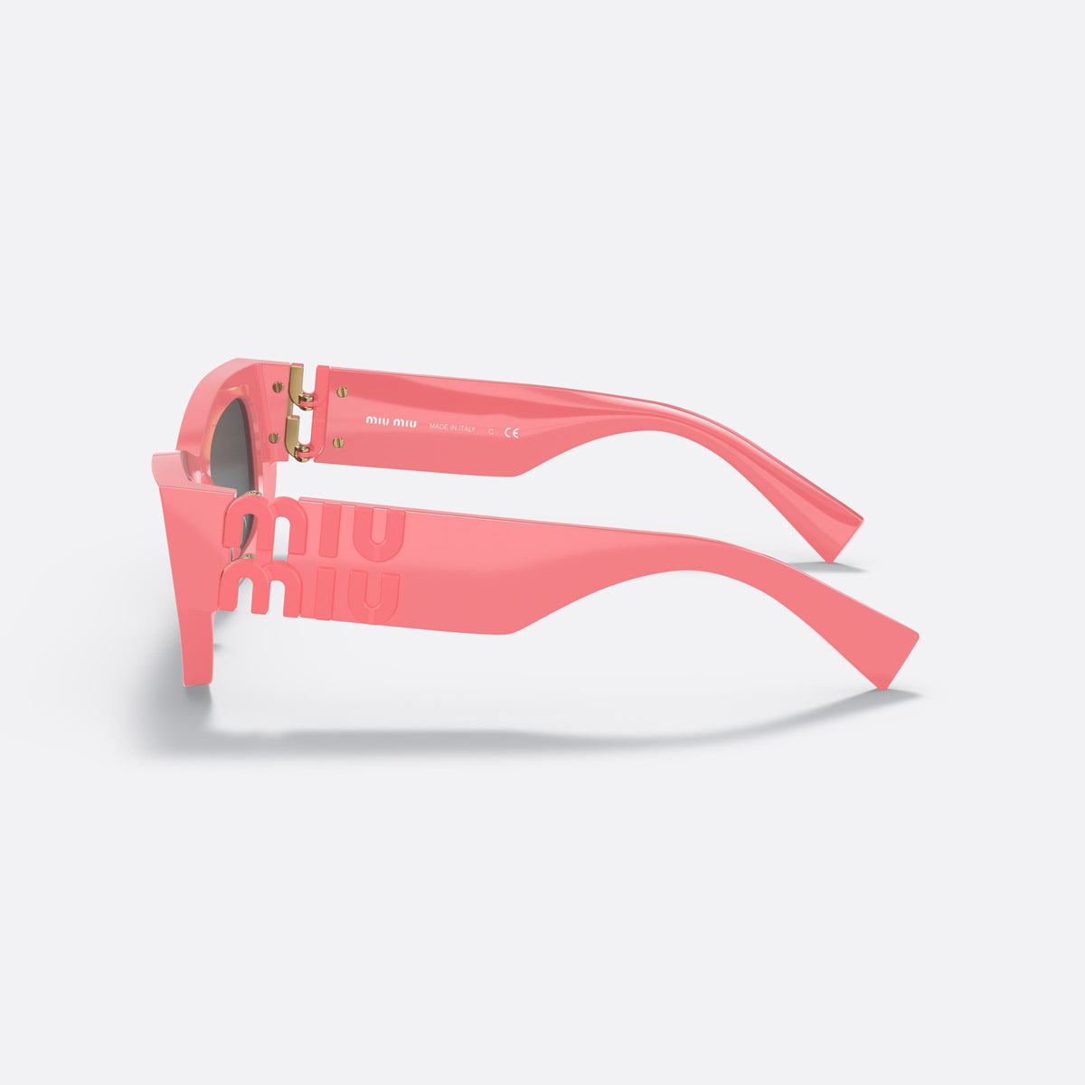 Miu Miu MU 09WS Runway 53 sunglasses, pink rectangular frame for women, plain integrated bridge, brand lettering on temples