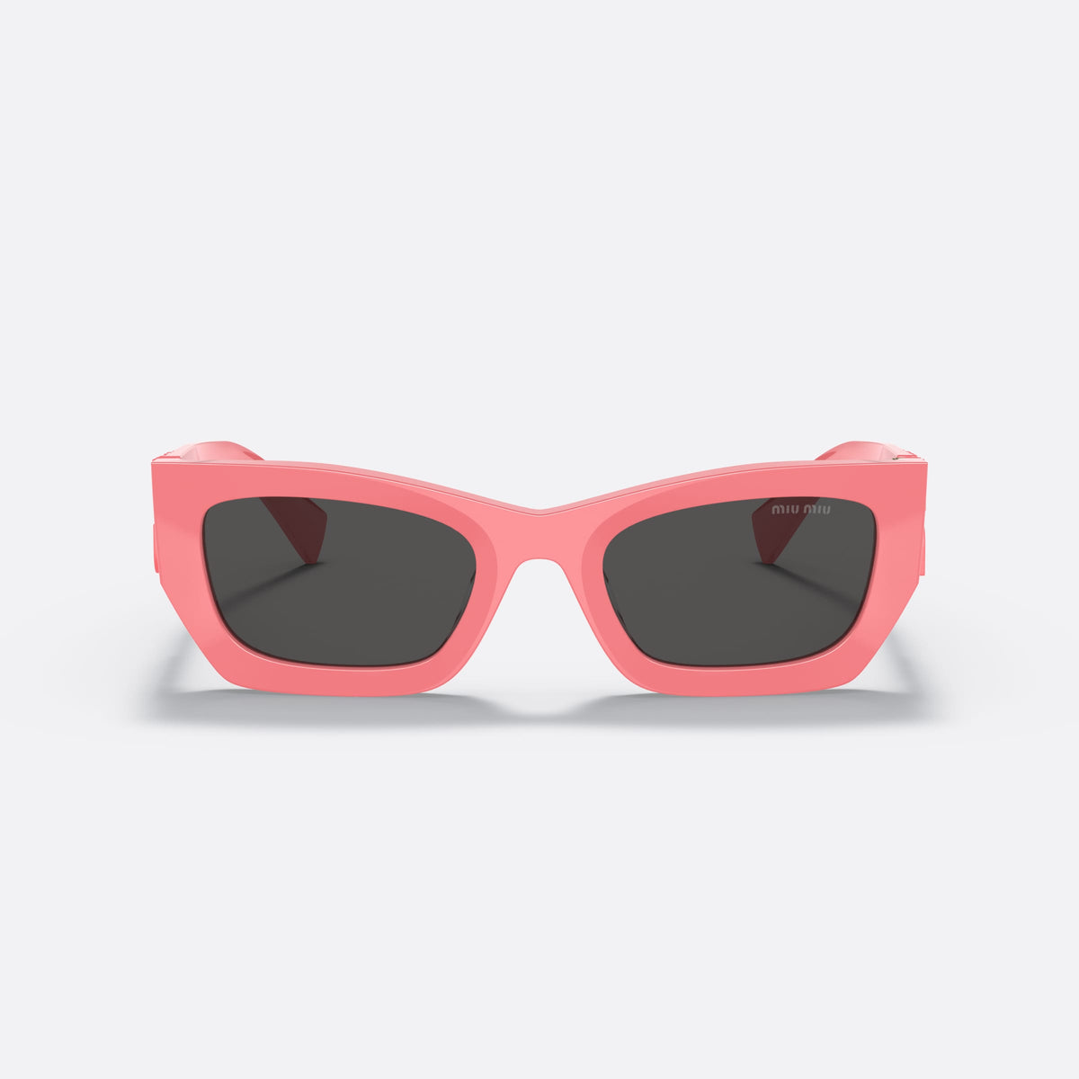 Miu Miu MU 09WS Runway 53 sunglasses, pink rectangular frame for women, plain integrated bridge, brand lettering on temples