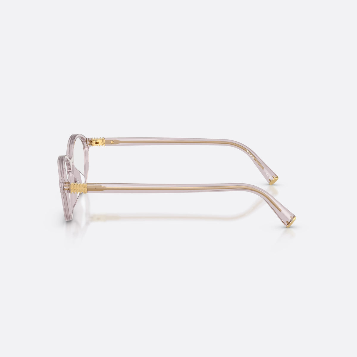 Miu Miu MU 09XV 12W1O1 eyeglasses, violet oval frame for women, plain integrated bridge, brand lettering on temples, side view