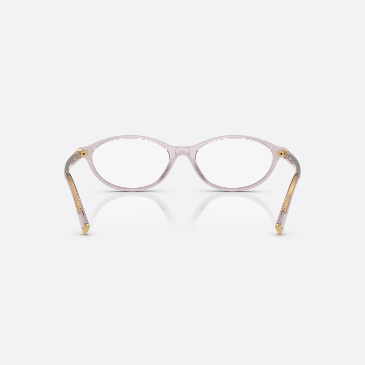 Miu Miu MU 09XV 12W1O1 eyeglasses, violet oval frame for women, plain integrated bridge, brand lettering on temples, back view