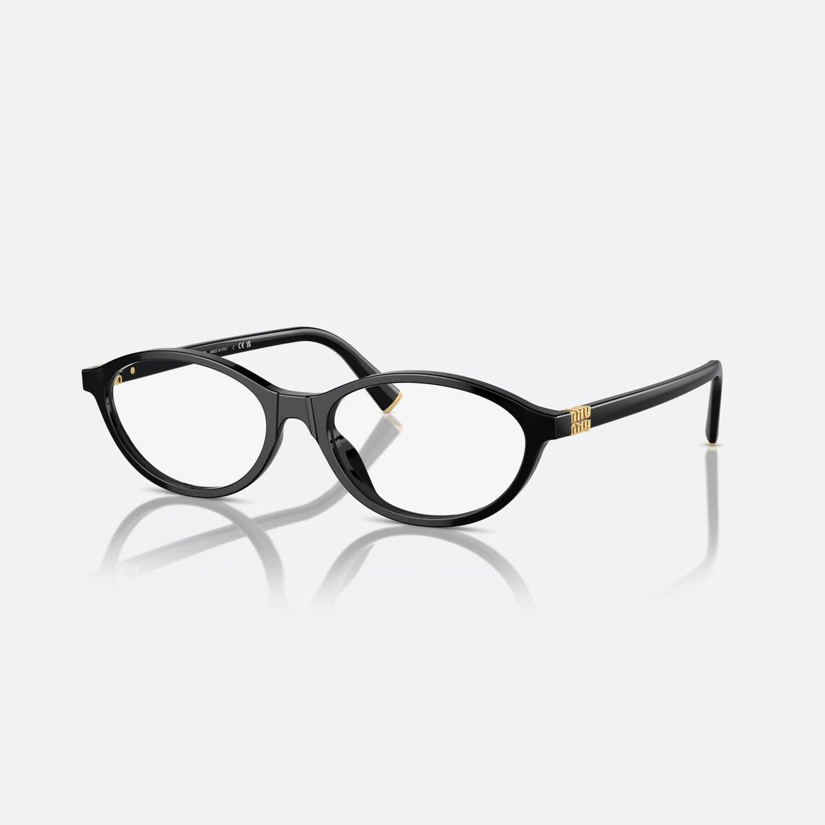 Miu Miu MU 09XV 16K-1O1 eyeglasses, black oval frame for women, plain integrated bridge, brand lettering on temples