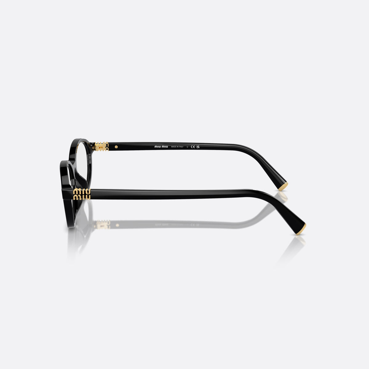 Miu Miu MU 09XV 16K-1O1 eyeglasses, black oval frame for women, plain integrated bridge, brand lettering on temples