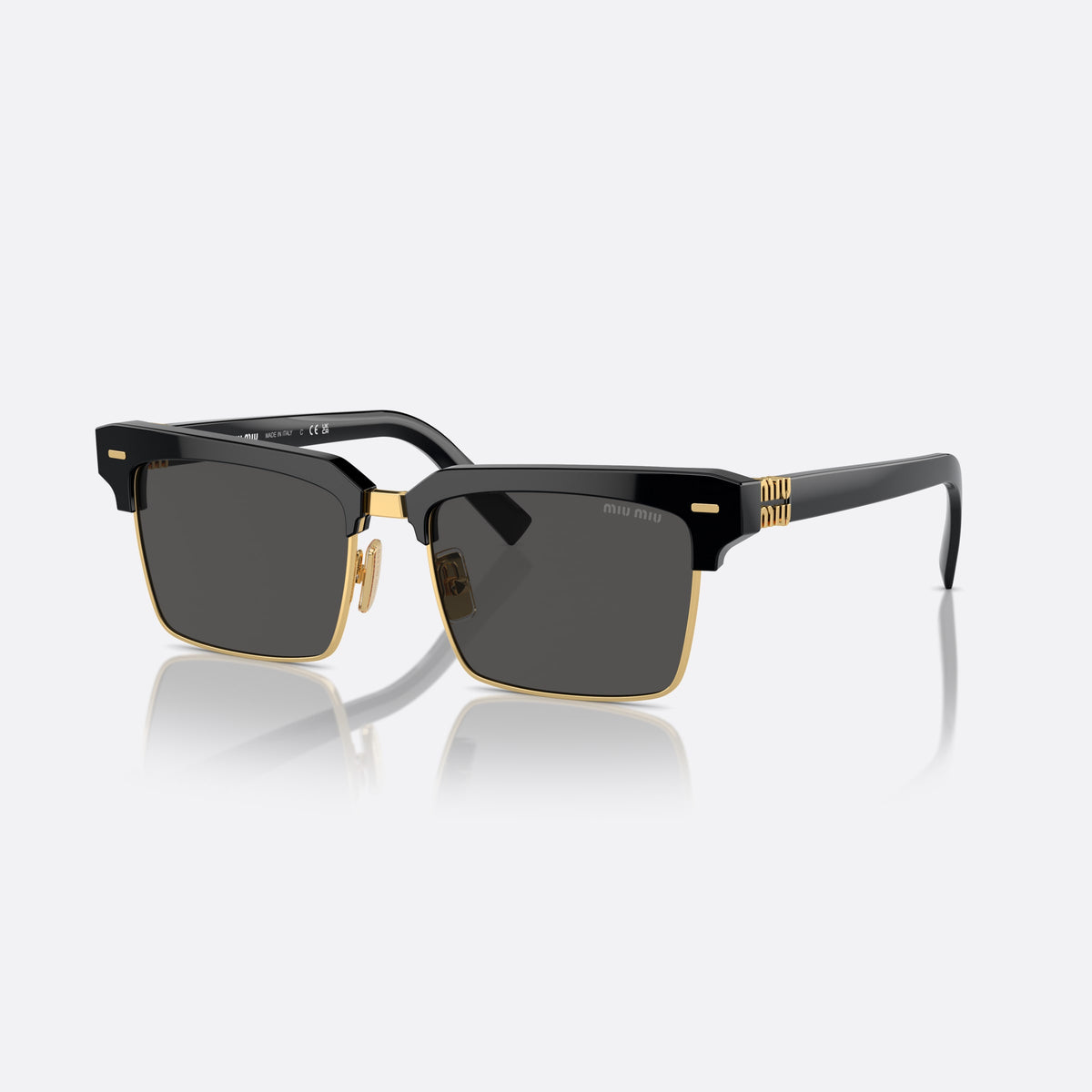 Miu Miu MU 10ZS 1AB-5S0 C sunglasses, black square frame for women, metal bridge with gold-tone center, brand logo on the front