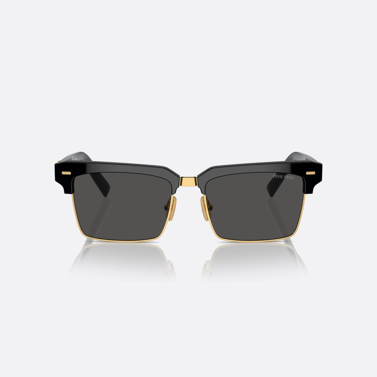 Miu Miu MU 10ZS 1AB-5S0 C sunglasses, black square frame for women, metal bridge with gold-tone center, brand logo on the front, front view