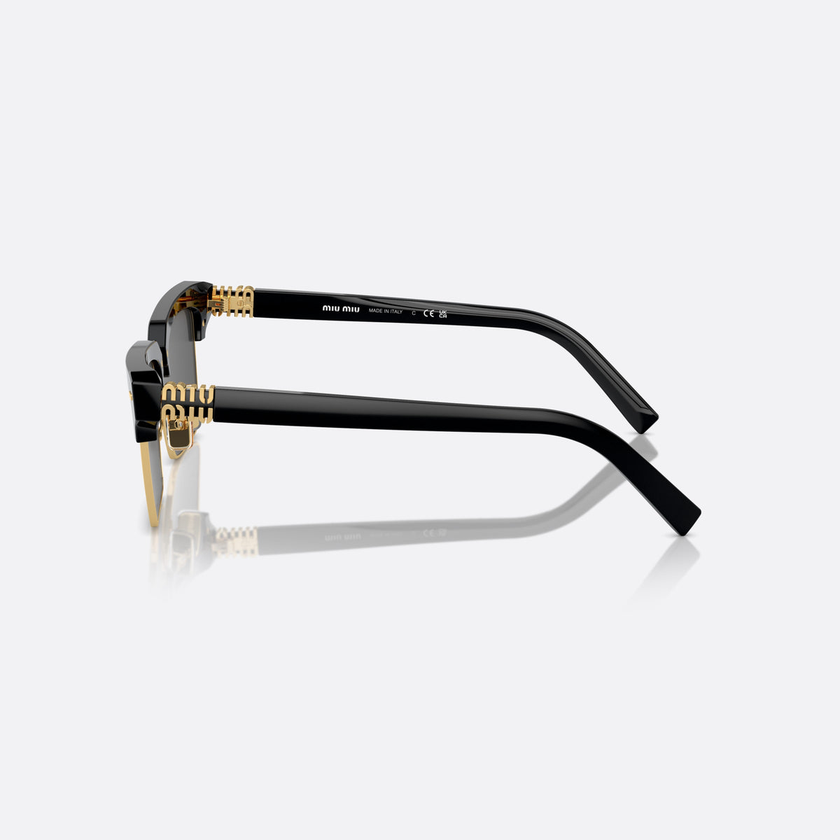 Miu Miu MU 10ZS 1AB-5S0 C sunglasses, black square frame for women, metal bridge with gold-tone center, brand logo on the front, side view