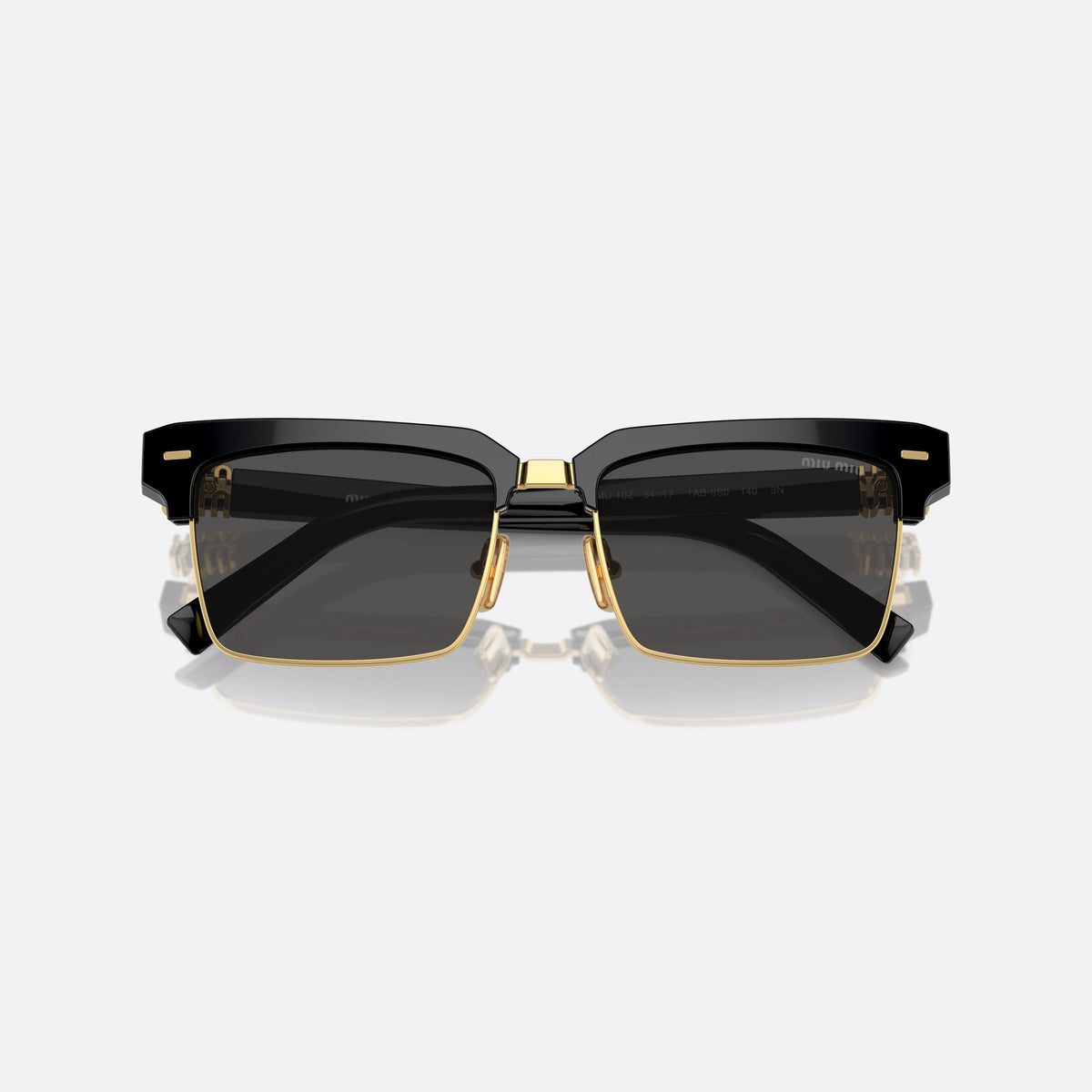 Miu Miu MU 10ZS 1AB-5S0 C sunglasses, black square frame for women, metal bridge with gold-tone center, brand logo on the front, folded