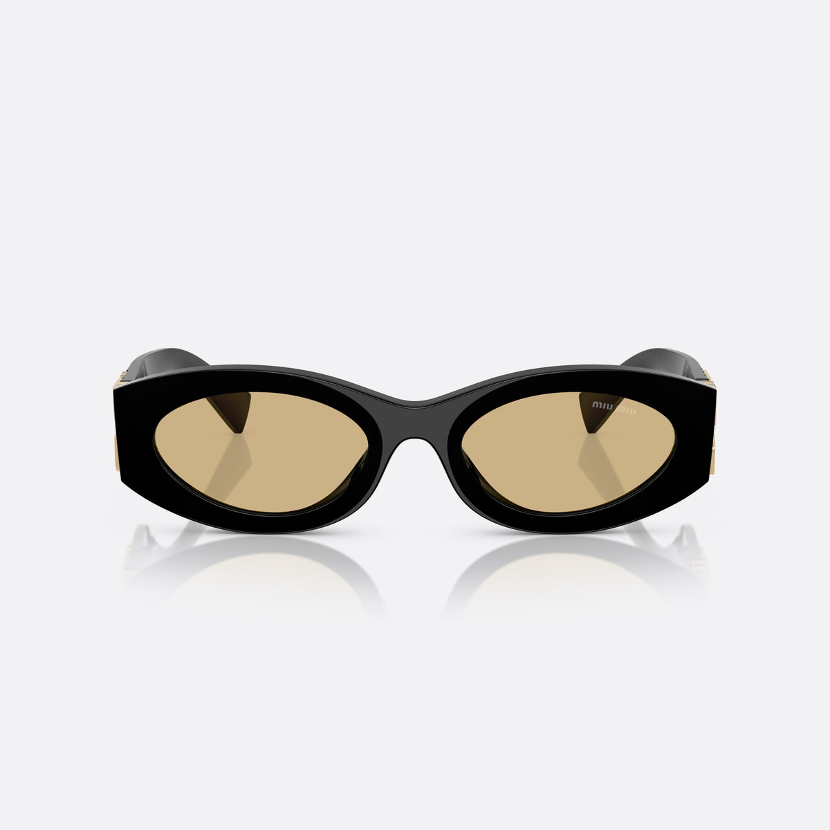 Miu Miu MU 11WS 16K10R sunglasses, black oval frame for women, plain integrated bridge, brand lettering on temples, front view