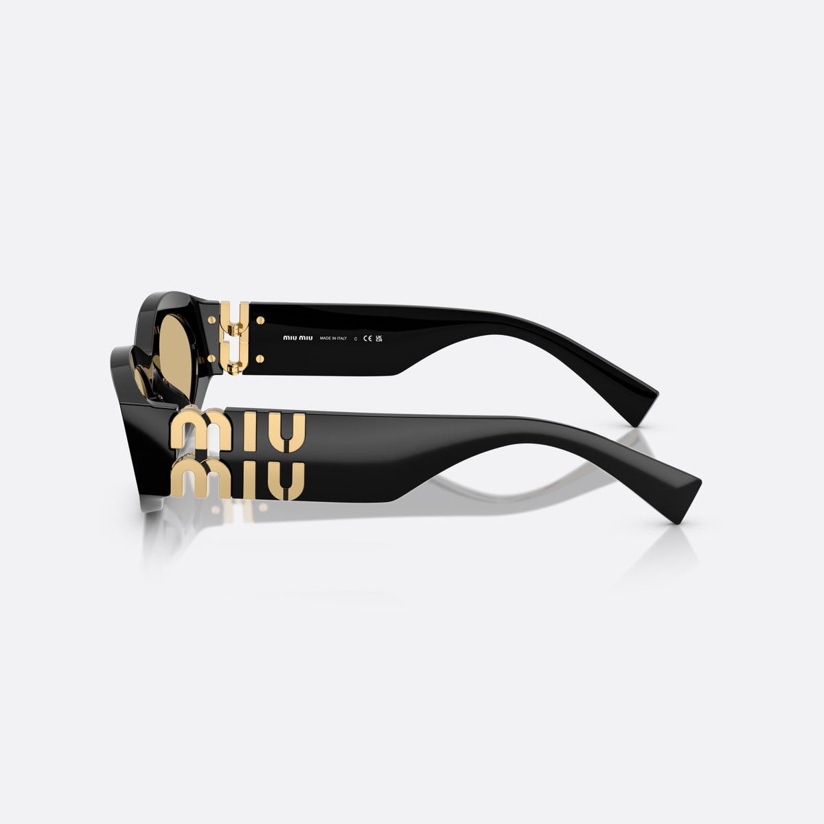 Miu Miu MU 11WS 16K10R sunglasses, black oval frame for women, plain integrated bridge, brand lettering on temples, side view