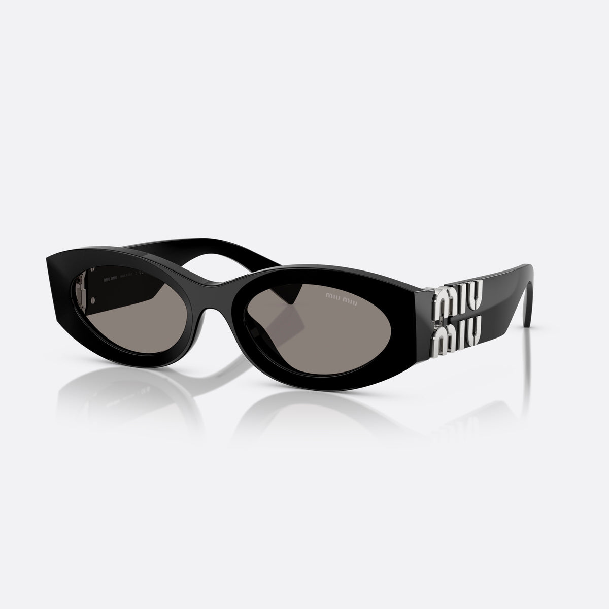 Miu Miu MU 11WS 16K80Q sunglasses, black oval frame for women, plain integrated bridge, brand lettering on temples