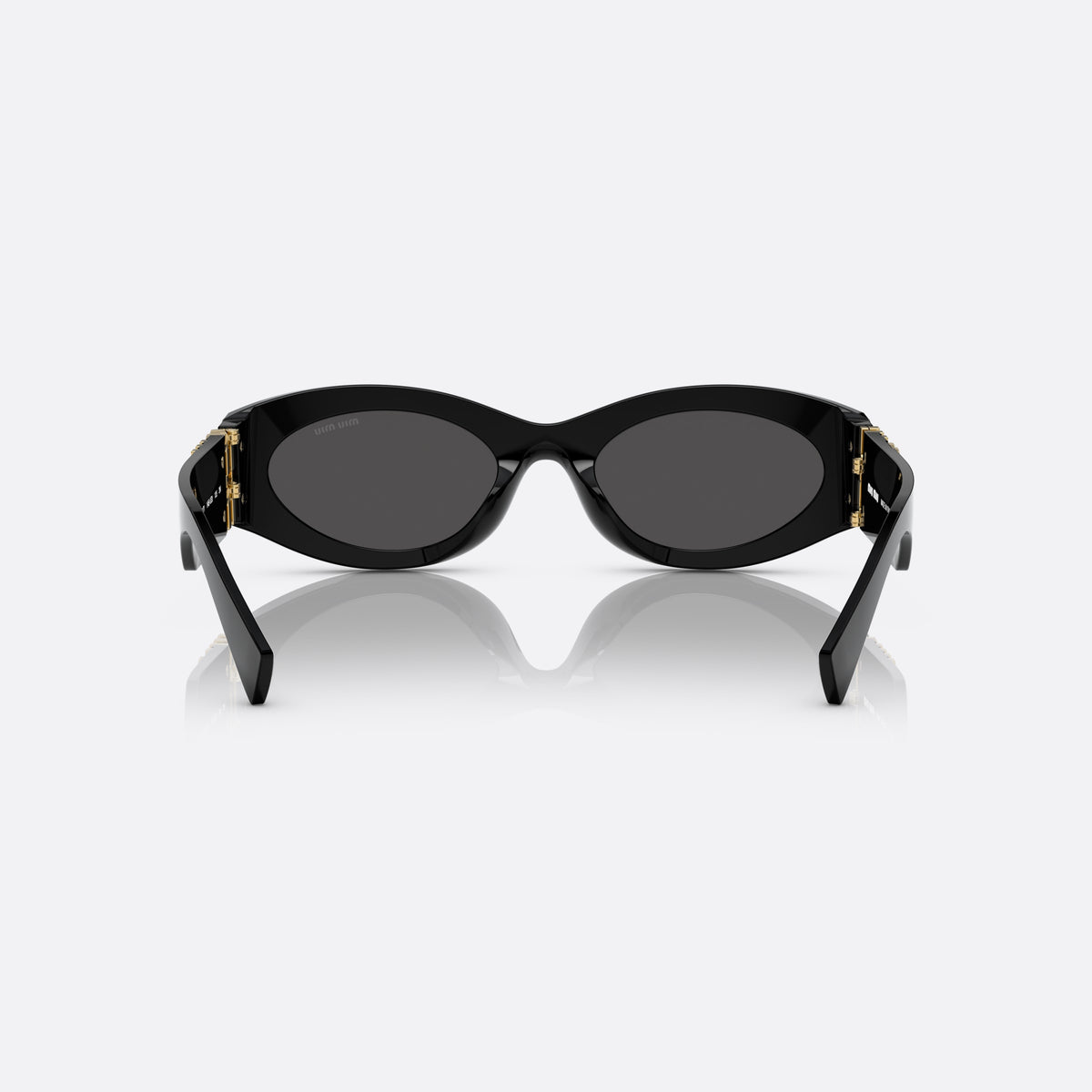 Miu Miu MU 11WS 1AB5S0 sunglasses, black oval frame for women, keyhole bridge, brand lettering on temples, full-rim frame, back view