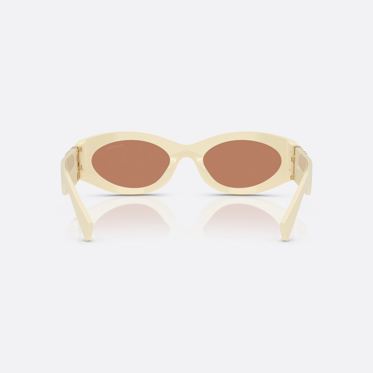 Miu Miu MU 11WS 21D90Q sunglasses, white oval frame for women, plain integrated bridge, brand lettering on temples, back view