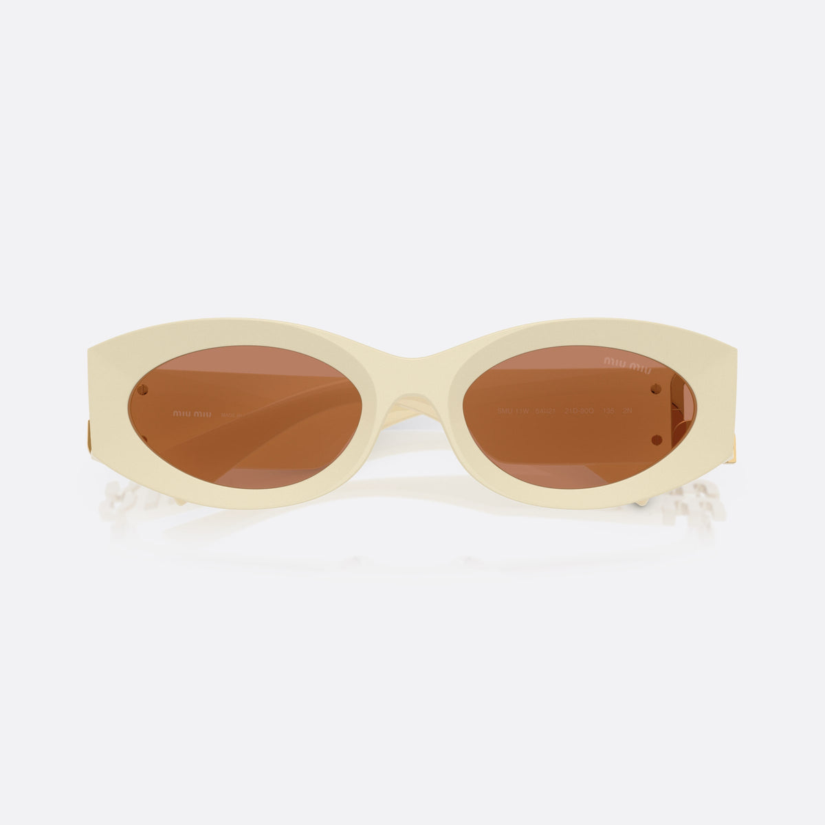 Miu Miu MU 11WS 21D90Q sunglasses, white oval frame for women, plain integrated bridge, brand lettering on temples, folded