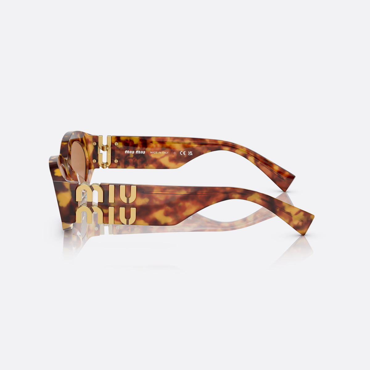 Miu Miu MU 11WS 4BW2Z1 sunglasses, havana oval frame for women, plain bridge, brand lettering on temples, side view