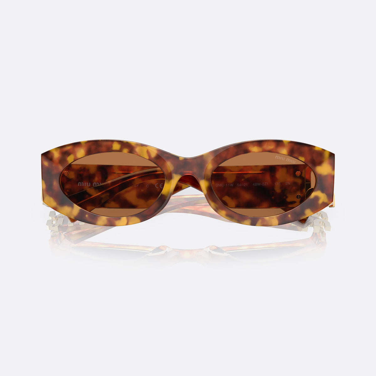 Miu Miu MU 11WS 4BW2Z1 sunglasses, havana oval frame for women, plain bridge, brand lettering on temples, folded