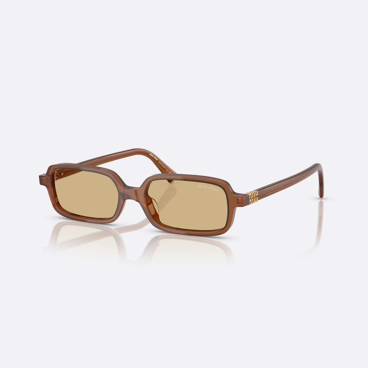 Miu Miu MU 11ZS 22I10R sunglasses, brown rectangle frame for women, plain bridge, brand lettering on temples, full-rim frame