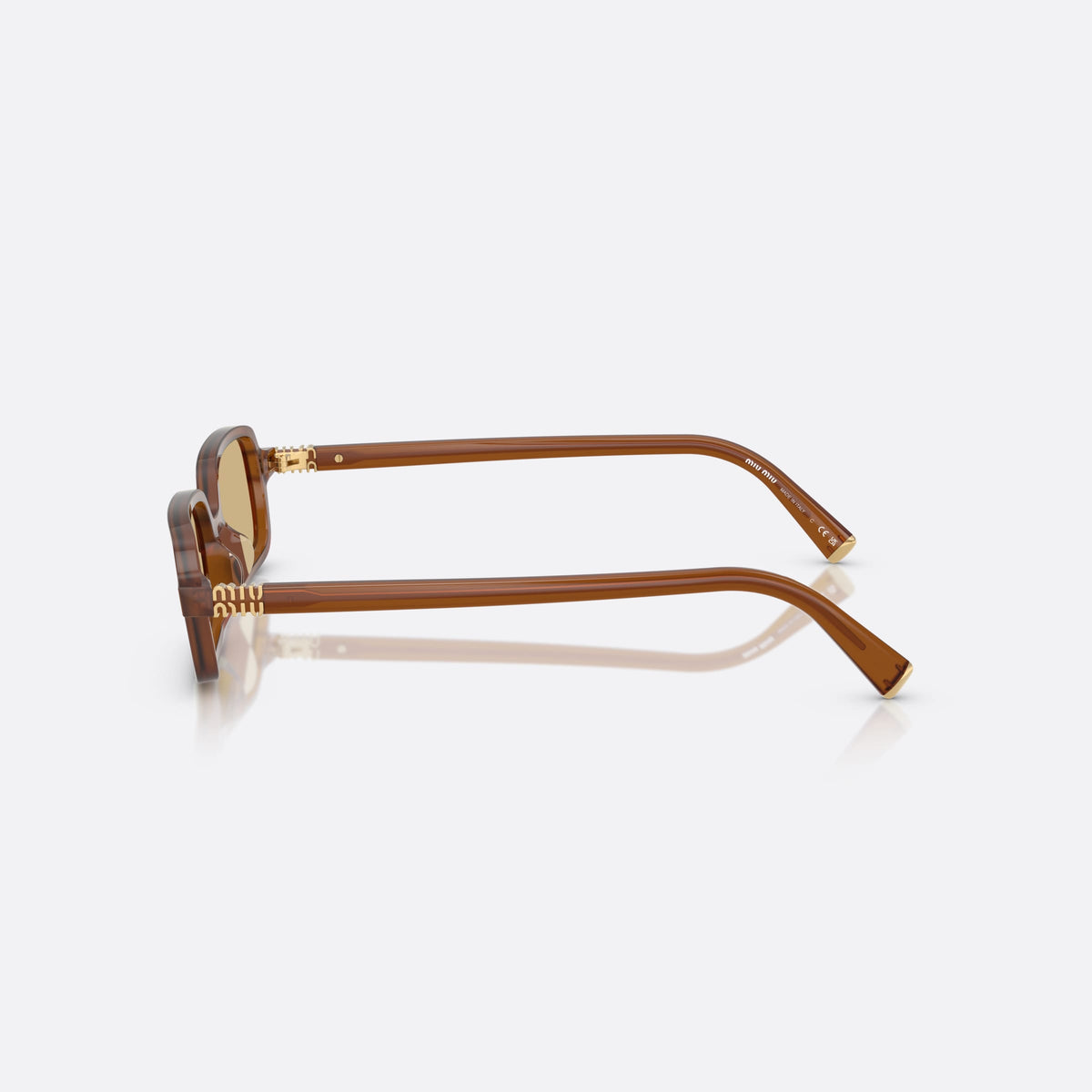 Miu Miu MU 11ZS 22I10R sunglasses, brown rectangle frame for women, plain bridge, brand lettering on temples, full-rim frame, side view