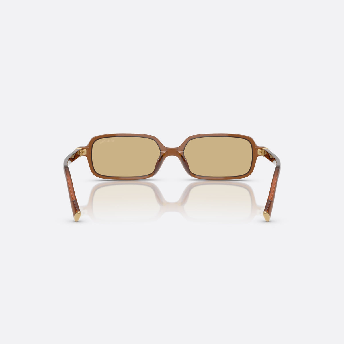 Miu Miu MU 11ZS 22I10R sunglasses, brown rectangle frame for women, plain bridge, brand lettering on temples, full-rim frame, back view