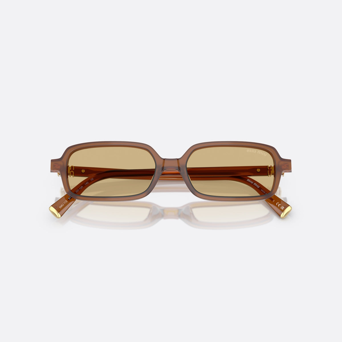 Miu Miu MU 11ZS 22I10R sunglasses, brown rectangle frame for women, plain bridge, brand lettering on temples, full-rim frame, folded