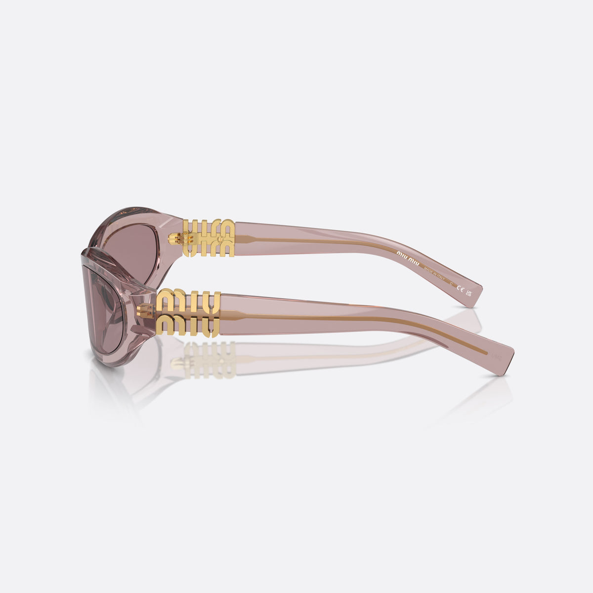 Miu Miu MU 14ZS 12W20I sunglasses, violet irregular frame for women, keyhole bridge, brand lettering on temples, full-rim frame, side view