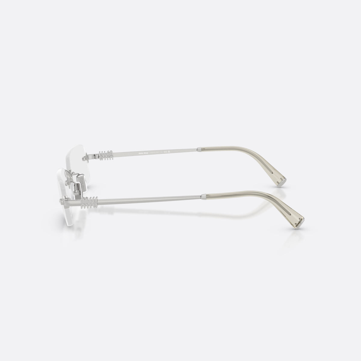 Miu Miu MU 50YV 1BC1O1 eyeglasses, silver rectangle frame for women, thin metal bridge, slim metal temples, side view